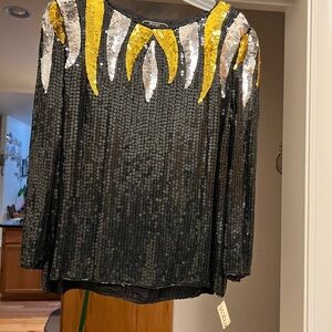 St. John Black Sequin Blouse with Gold and Silver Details